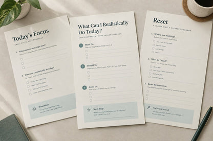 Three printable templates: Today's Focus, What Can I Do Today, Reset